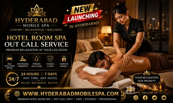 Professional female therapist providing luxury hotel room spa out call massage service for a male guest in Hyderabad. New launch available 24/7.